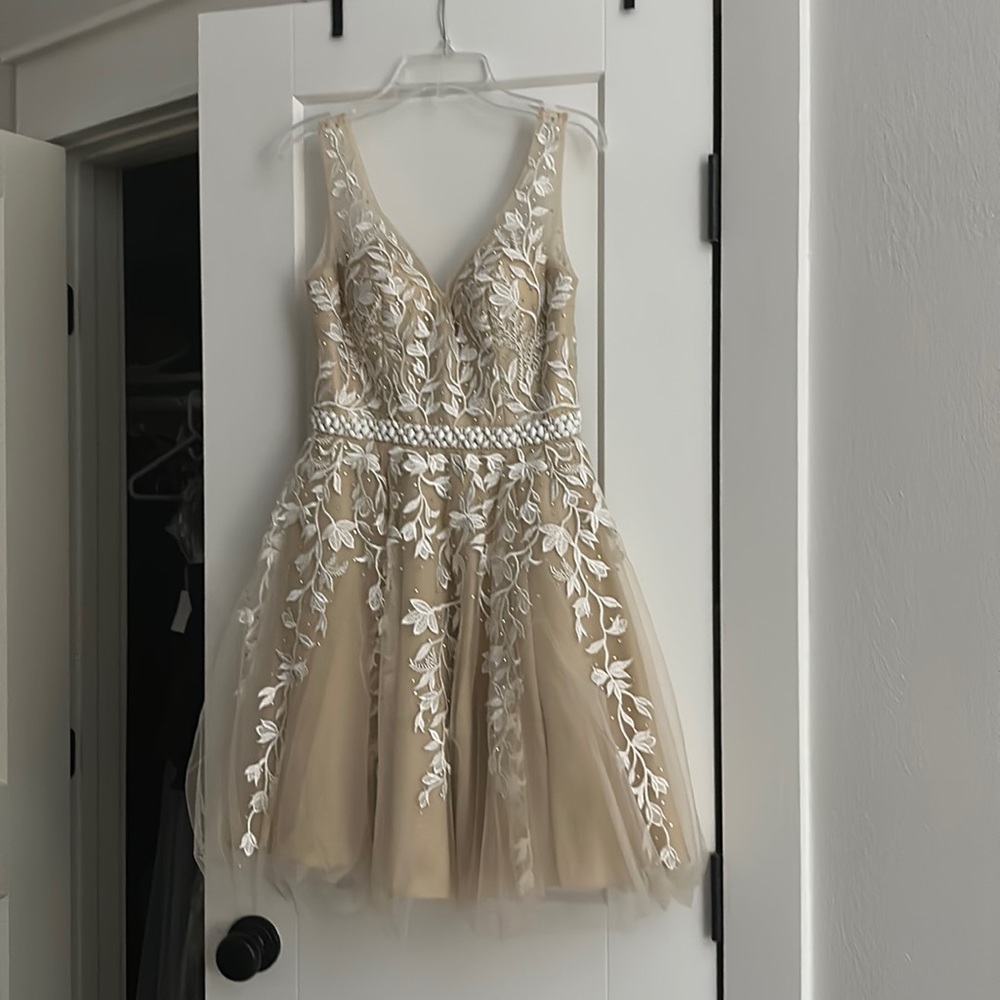 White By Soileblu homecoming dress, size S, tan with white embroidery